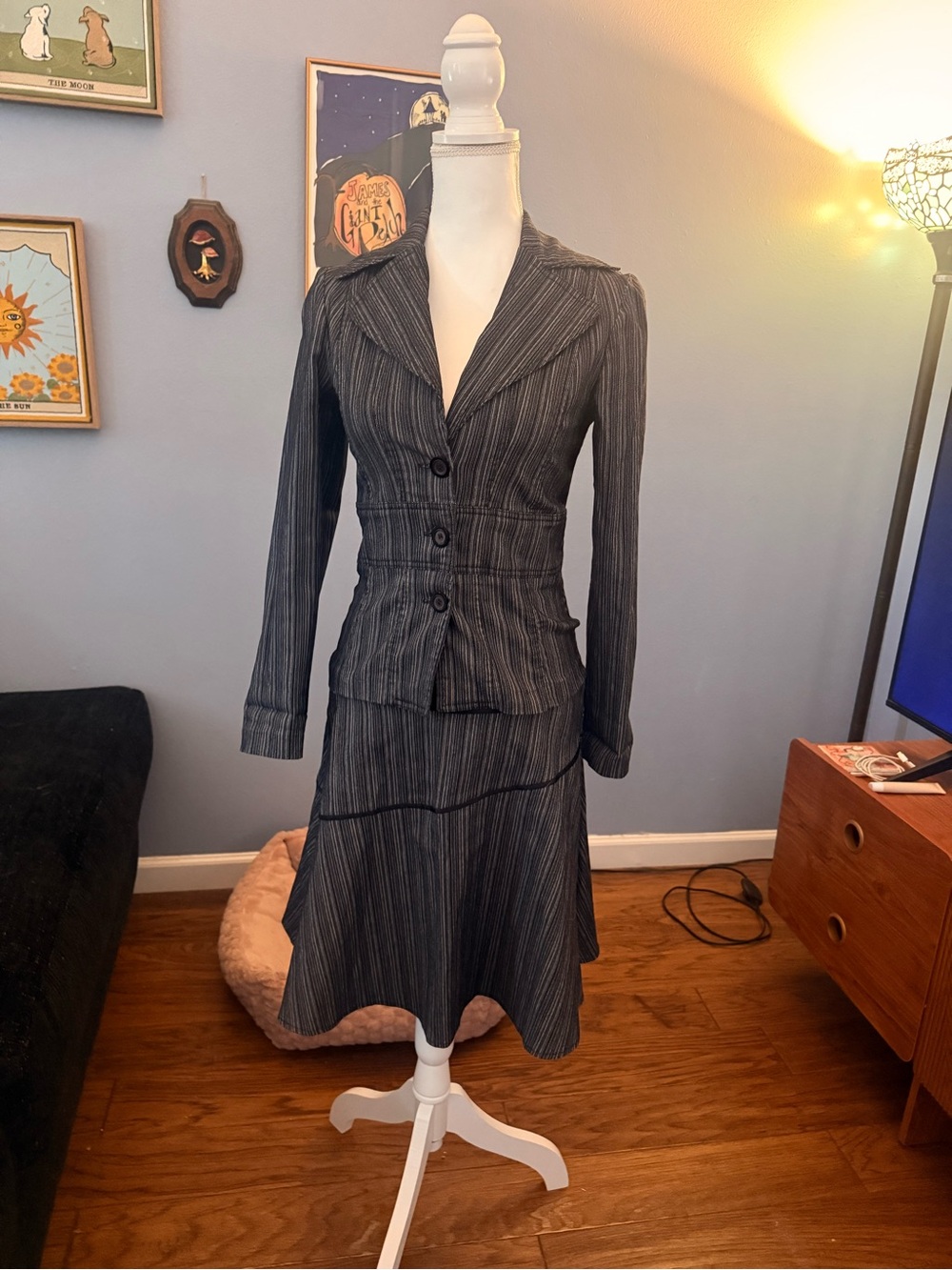 La Belle Charcoal Gray Pinstripe Long Sleeve Dress Suit